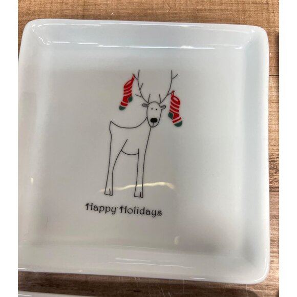 Set Of 4 Square Holiday-Themed Ceramic Dishes With Reindeer Graphics - Picture 2 of 7